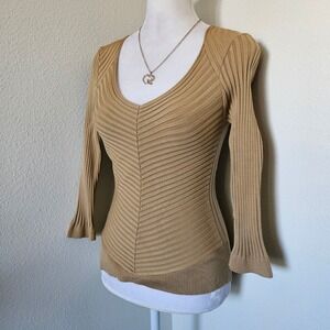 Cache Tan Silk Blend Ribbed V-Neck Chevron Knit Sweater Top